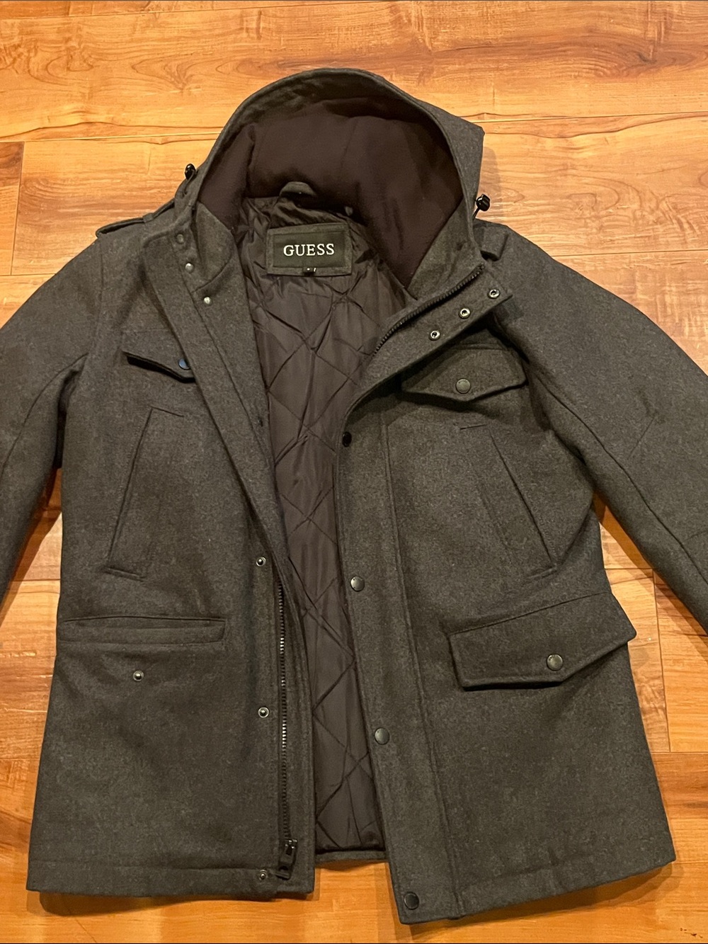 GUESS Men's Dark Gray Quilted-Lined Pea Coat